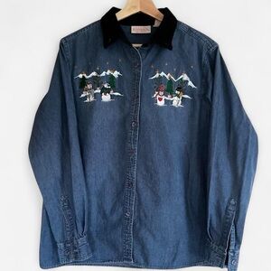 Vintage Basic Editions Denim Long Sleeve Embroidered Christmas Button Down Shirt